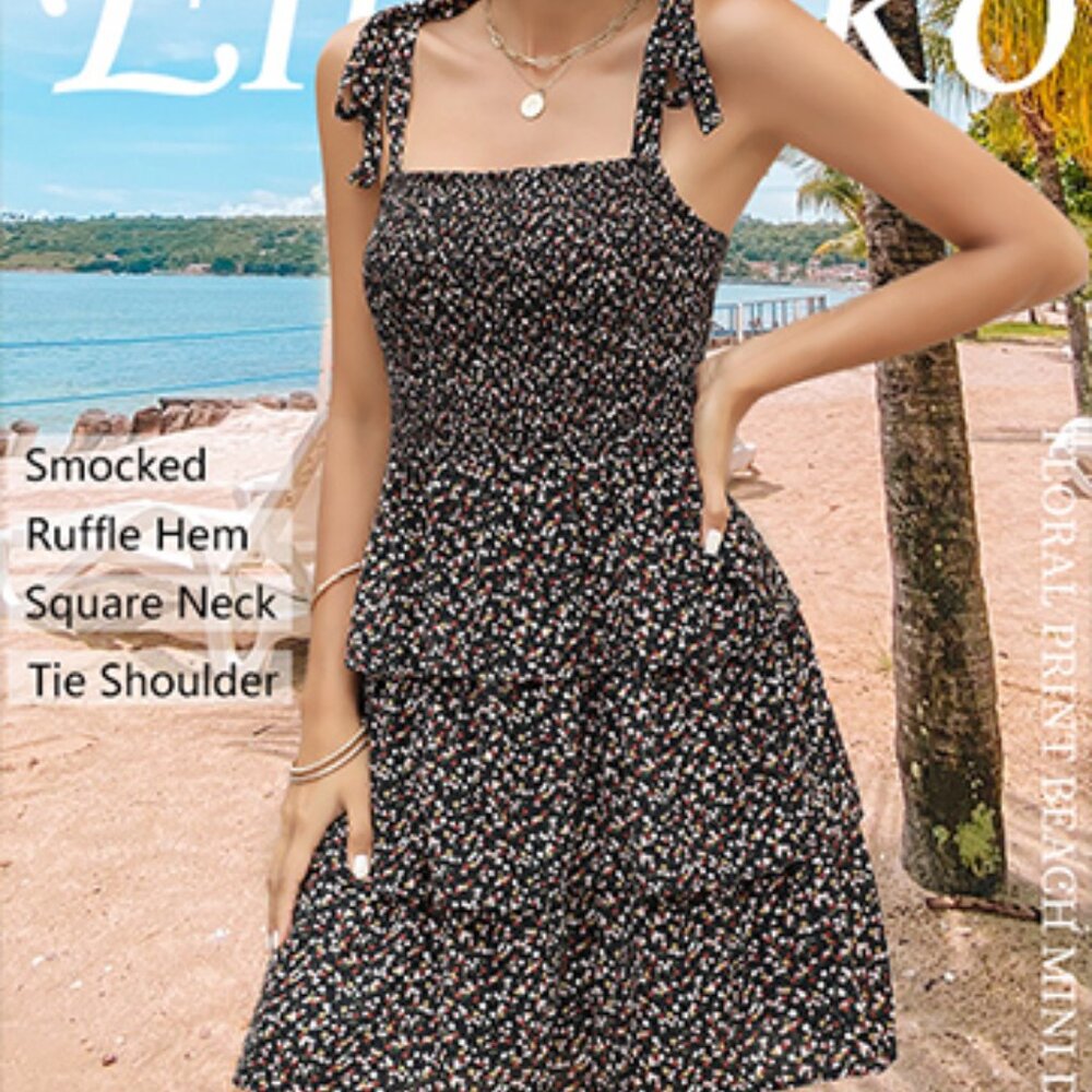 Floral Mini Tie Strap Swiss Dot Ruffle Tiered Babydoll Dress